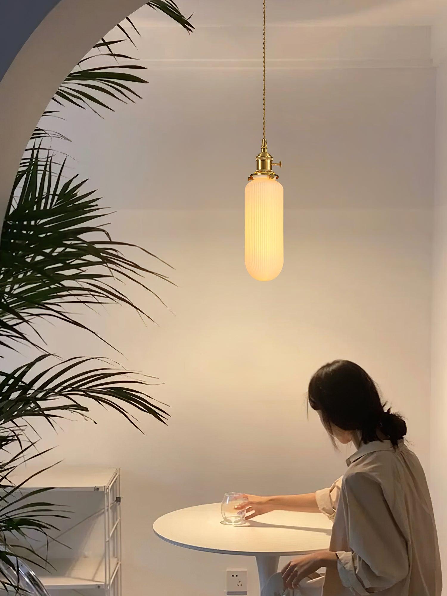 Handmade Porcelain Shell Pendant Light with Brass Fittings Ribbed Ceramic Hanging Lamp