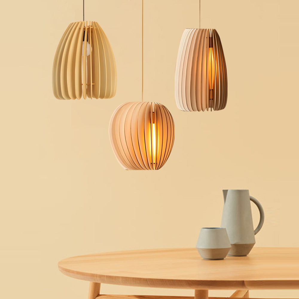 Handmade Wood Veneer Lantern Pendant Light Nordic Japanese Style LED Ceiling Lamp for Home Decor