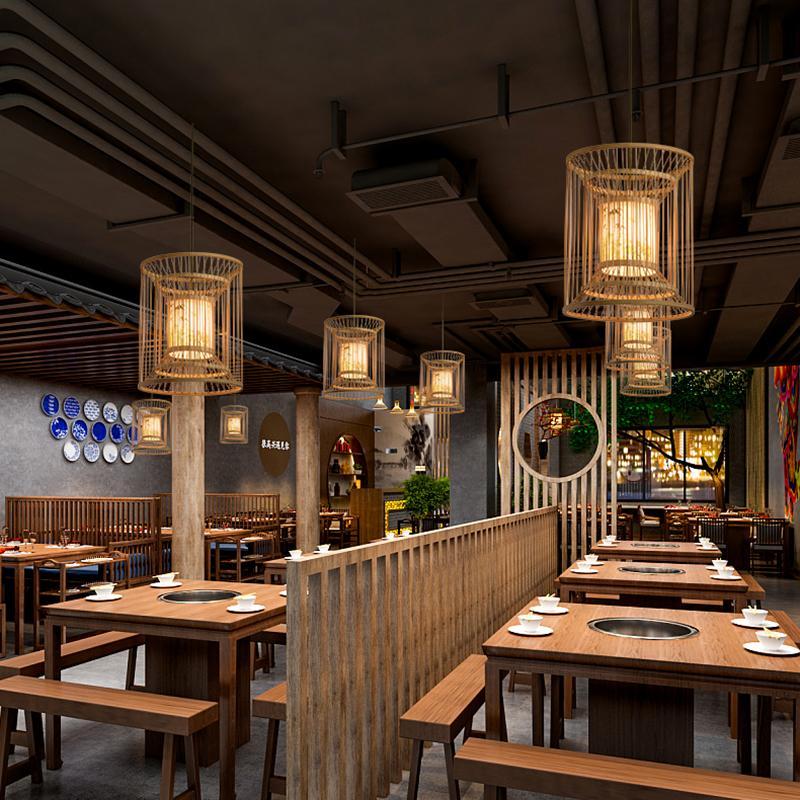 Handwoven Bamboo Cylindrical Cage Pendant Light Decorative Hanging Lamp for Dining Room Kitchen
