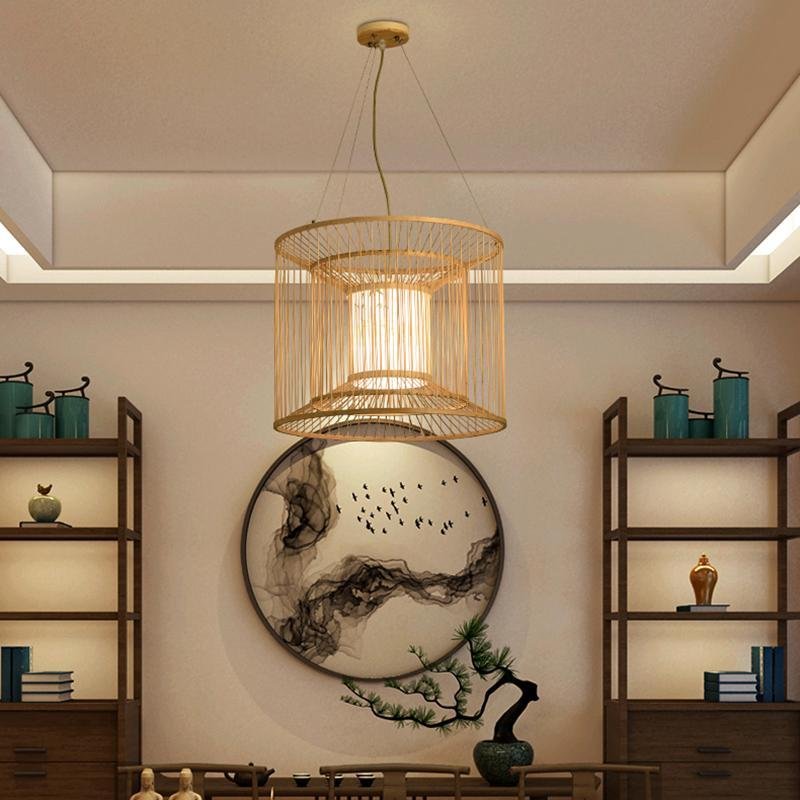 Handwoven Bamboo Cylindrical Cage Pendant Light Decorative Hanging Lamp for Dining Room Kitchen