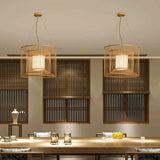 Handwoven Bamboo Cylindrical Cage Pendant Light Decorative Hanging Lamp for Dining Room Kitchen
