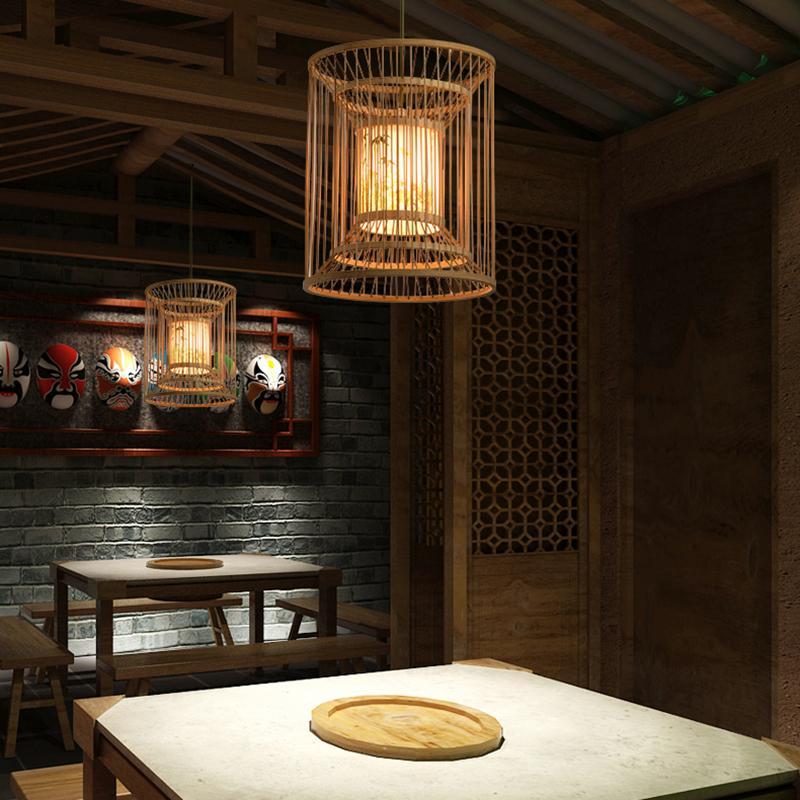 Handwoven Bamboo Cylindrical Cage Pendant Light Decorative Hanging Lamp for Dining Room Kitchen