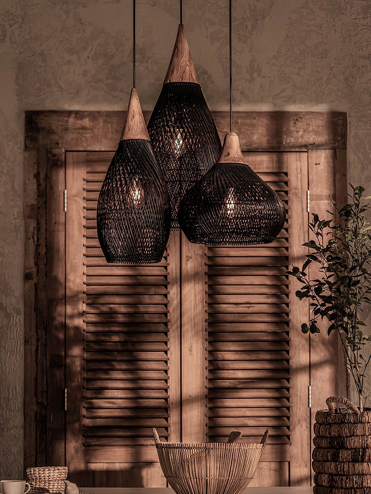 Handwoven Javanese Braided Rattan Pendant Light Coastal Style Wicker Hanging Lamp