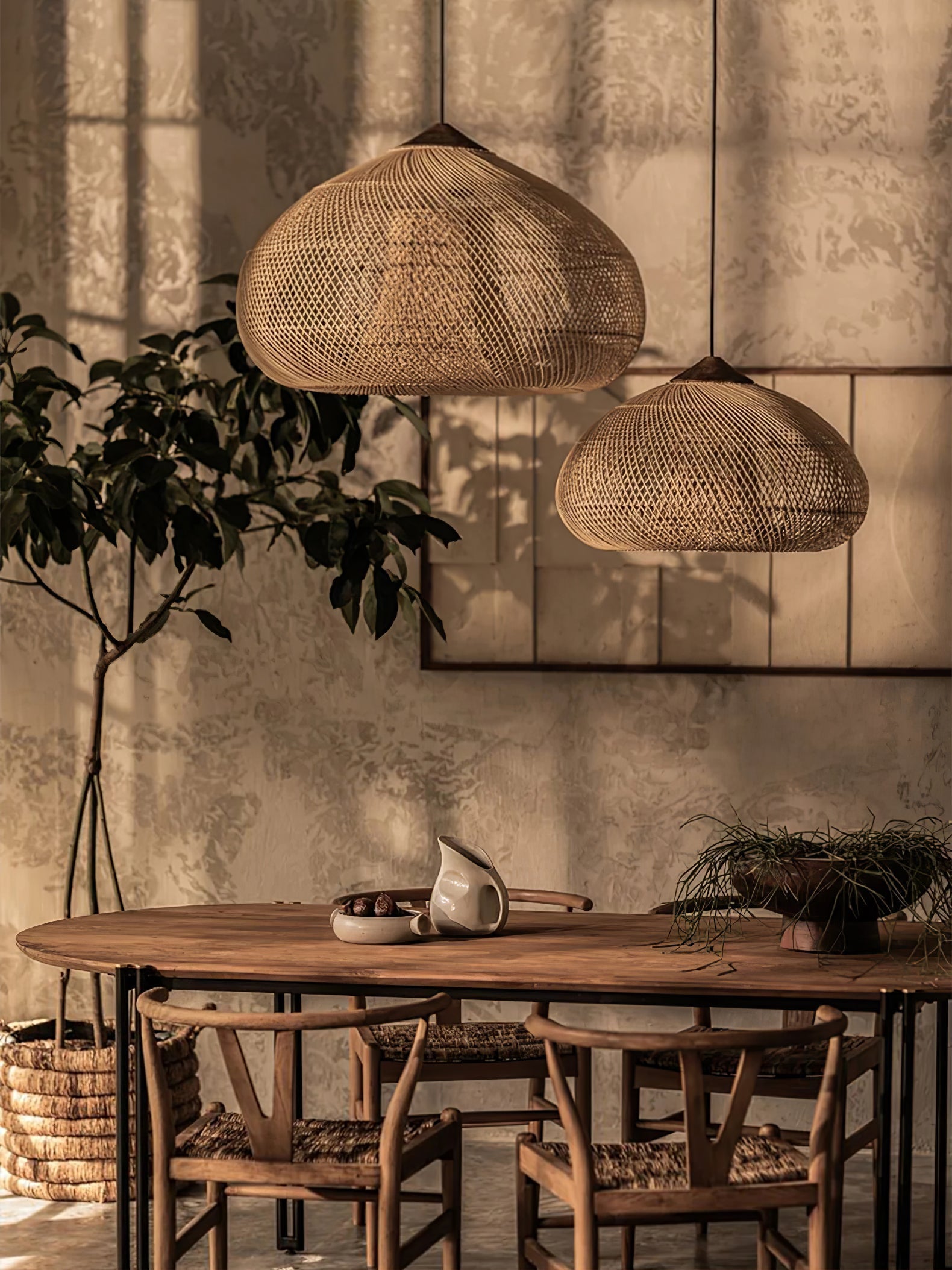 Handwoven Javanese Braided Rattan Pendant Light Coastal Style Wicker Hanging Lamp