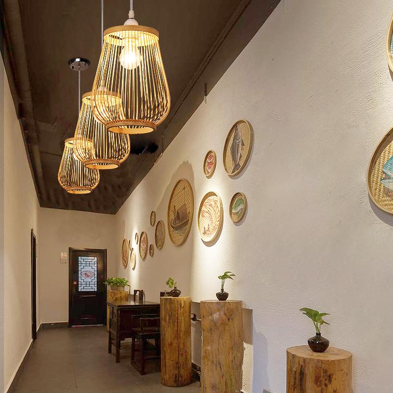 Handwoven Natural Bamboo Cage Pendant Lamp Rustic Boho Hanging Ceiling Light Fixture
