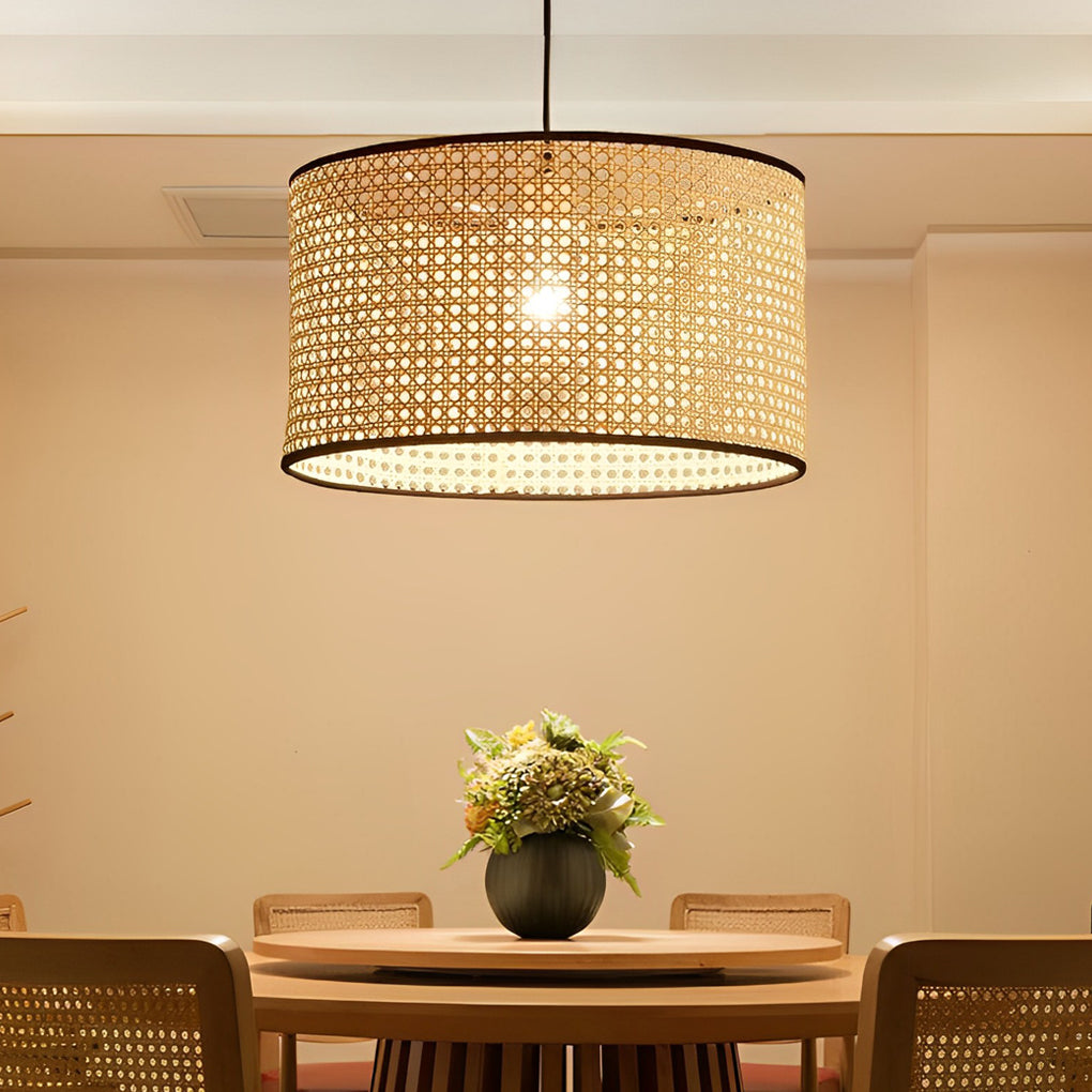 Handwoven Natural Bamboo Round Pendant Light Sustainable Ceiling Fixture for Kitchen Island and Dining Room