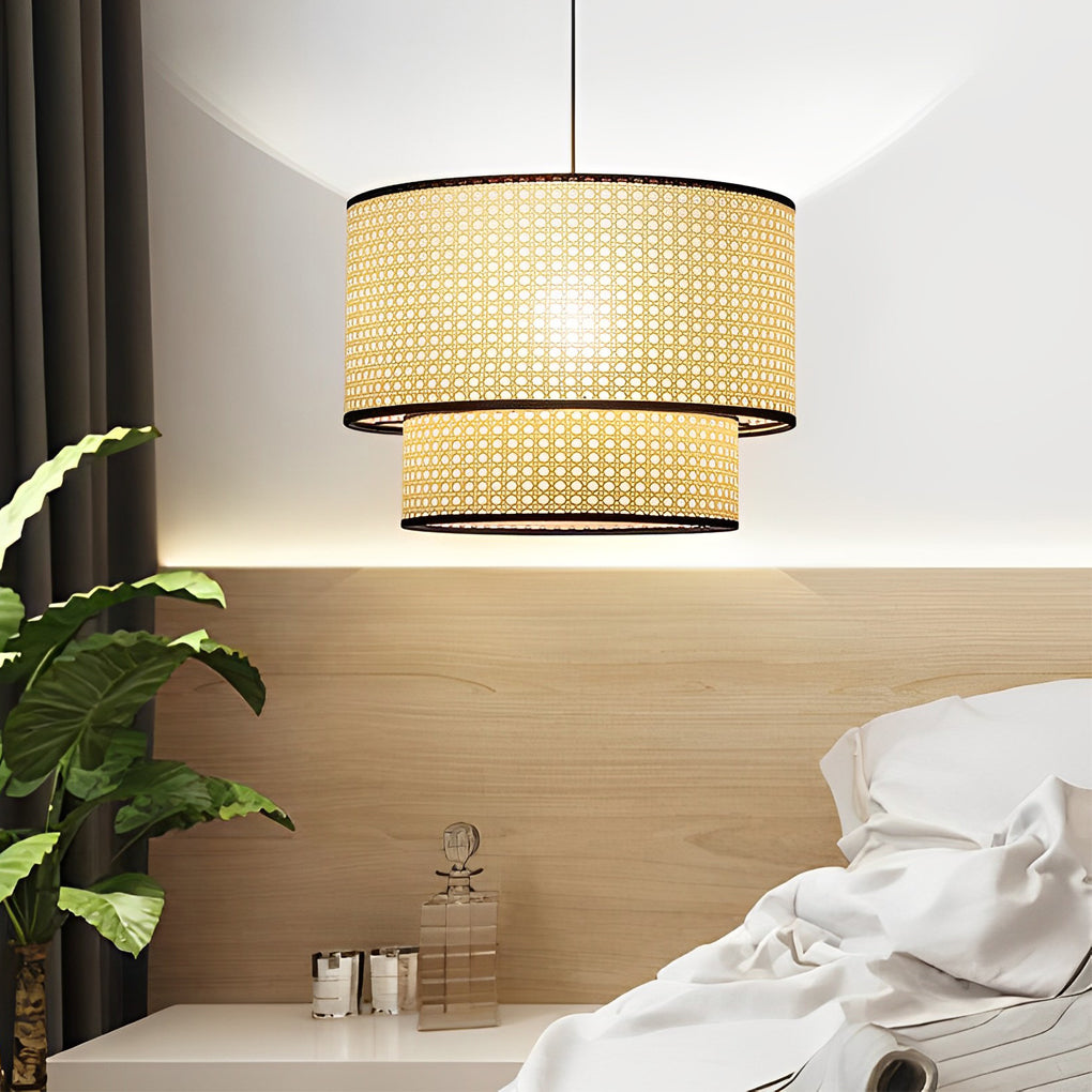 Handwoven Natural Bamboo Round Pendant Light Sustainable Ceiling Fixture for Kitchen Island and Dining Room