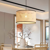 Handwoven Natural Bamboo Round Pendant Light Sustainable Ceiling Fixture for Kitchen Island and Dining Room