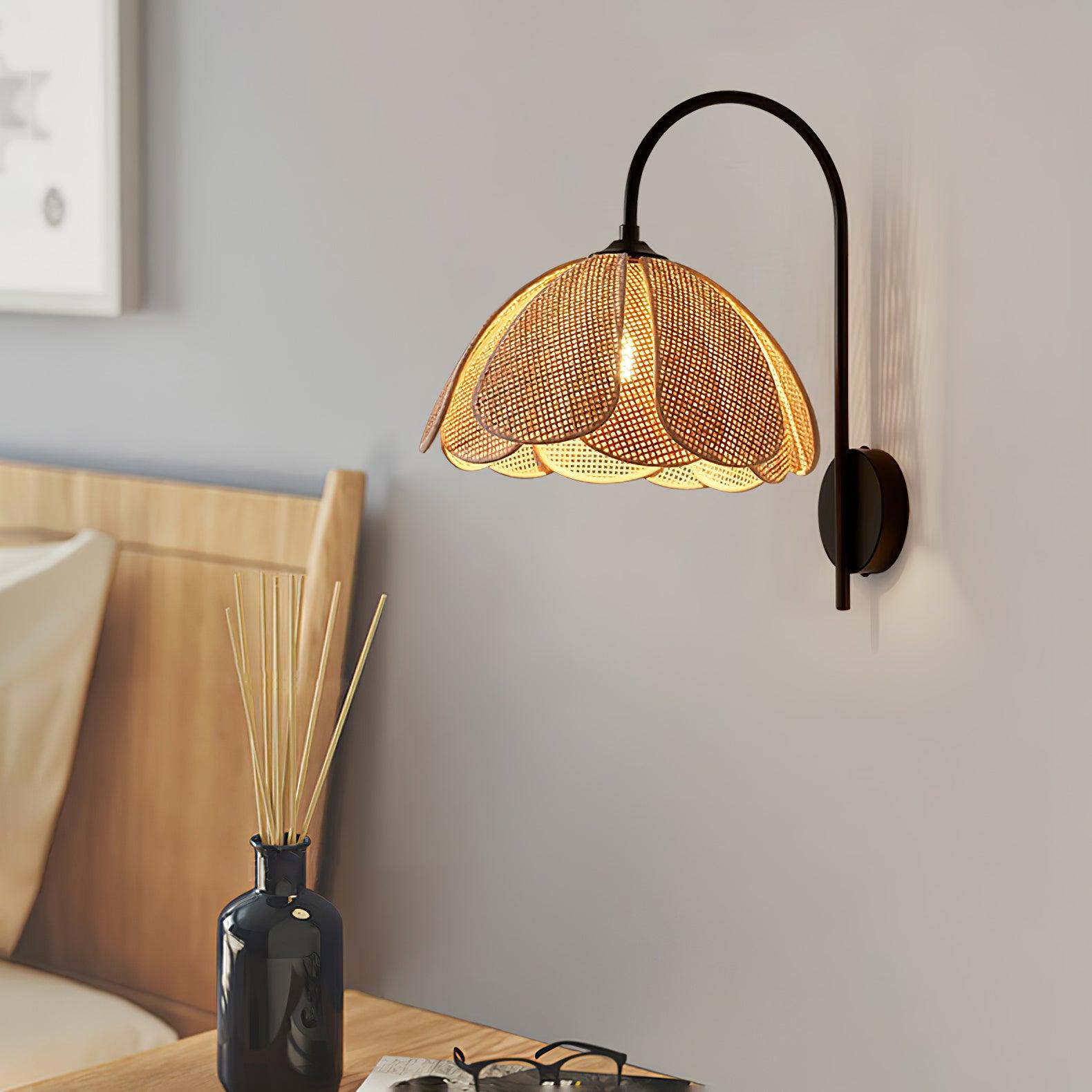 Handwoven Natural Rattan Petal Wall Sconce Lamp for Living Room and Bedroom
