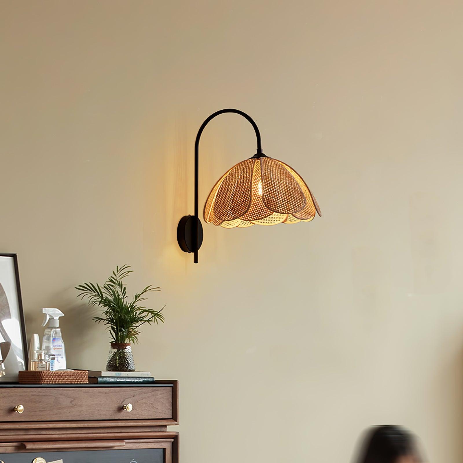 Handwoven Natural Rattan Petal Wall Sconce Lamp for Living Room and Bedroom
