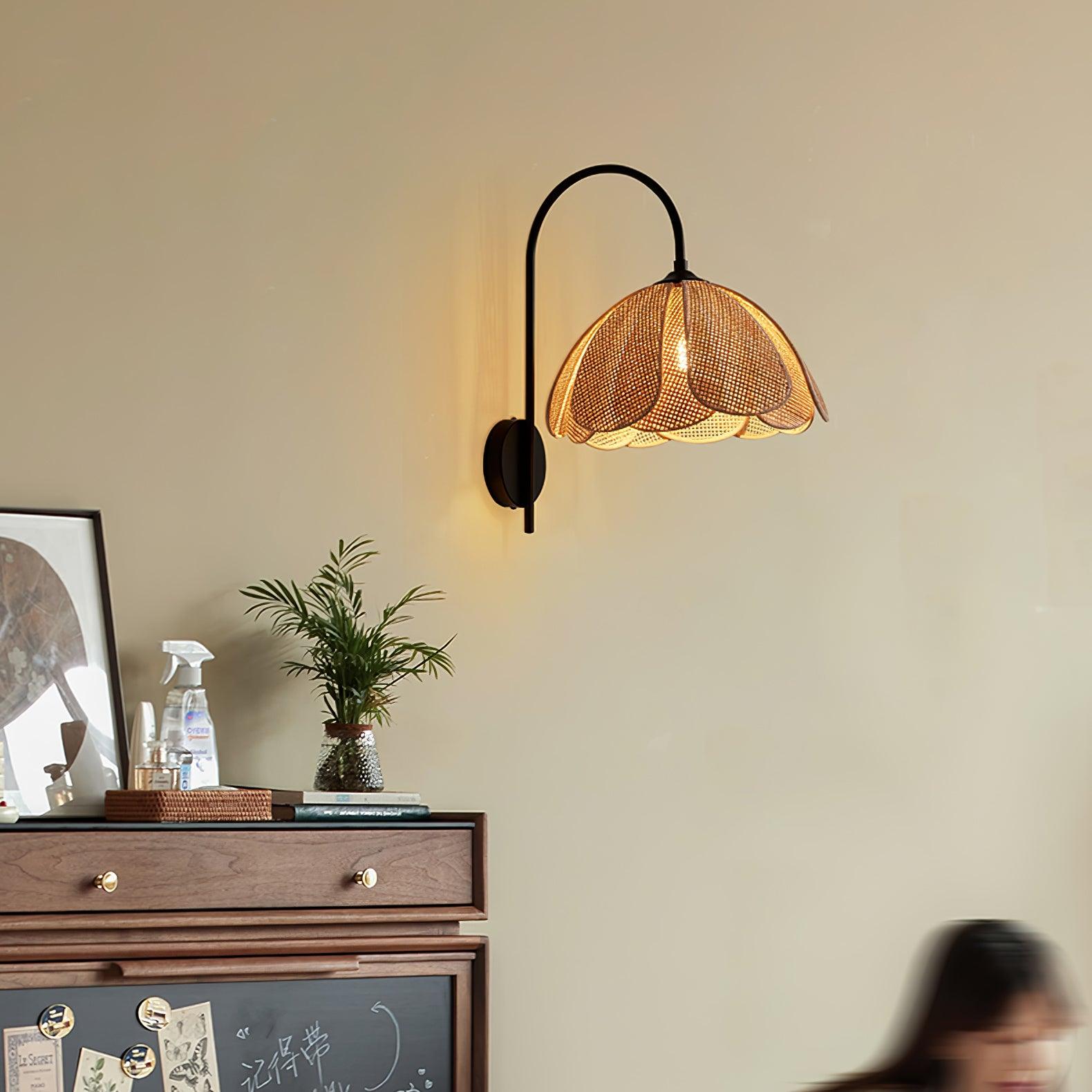 Handwoven Natural Rattan Petal Wall Sconce Lamp for Living Room and Bedroom