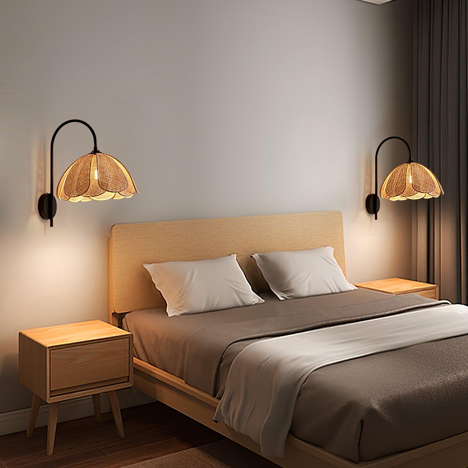 Handwoven Natural Rattan Petal Wall Sconce Lamp for Living Room and Bedroom