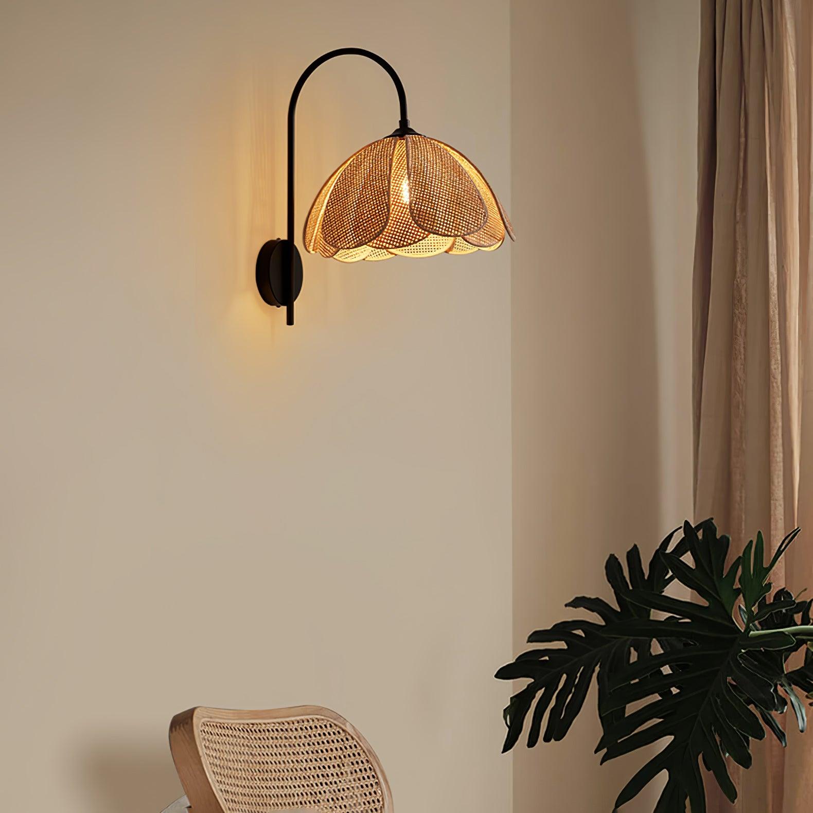 Handwoven Natural Rattan Petal Wall Sconce Lamp for Living Room and Bedroom