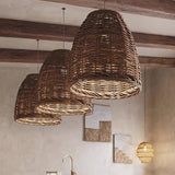 Handwoven Rattan Pendant Light Rustic Conical Wicker Hanging Lamp for Interior