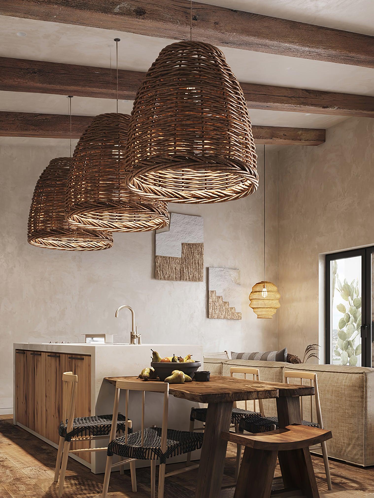 Handwoven Rattan Pendant Light Rustic Conical Wicker Hanging Lamp for Interior