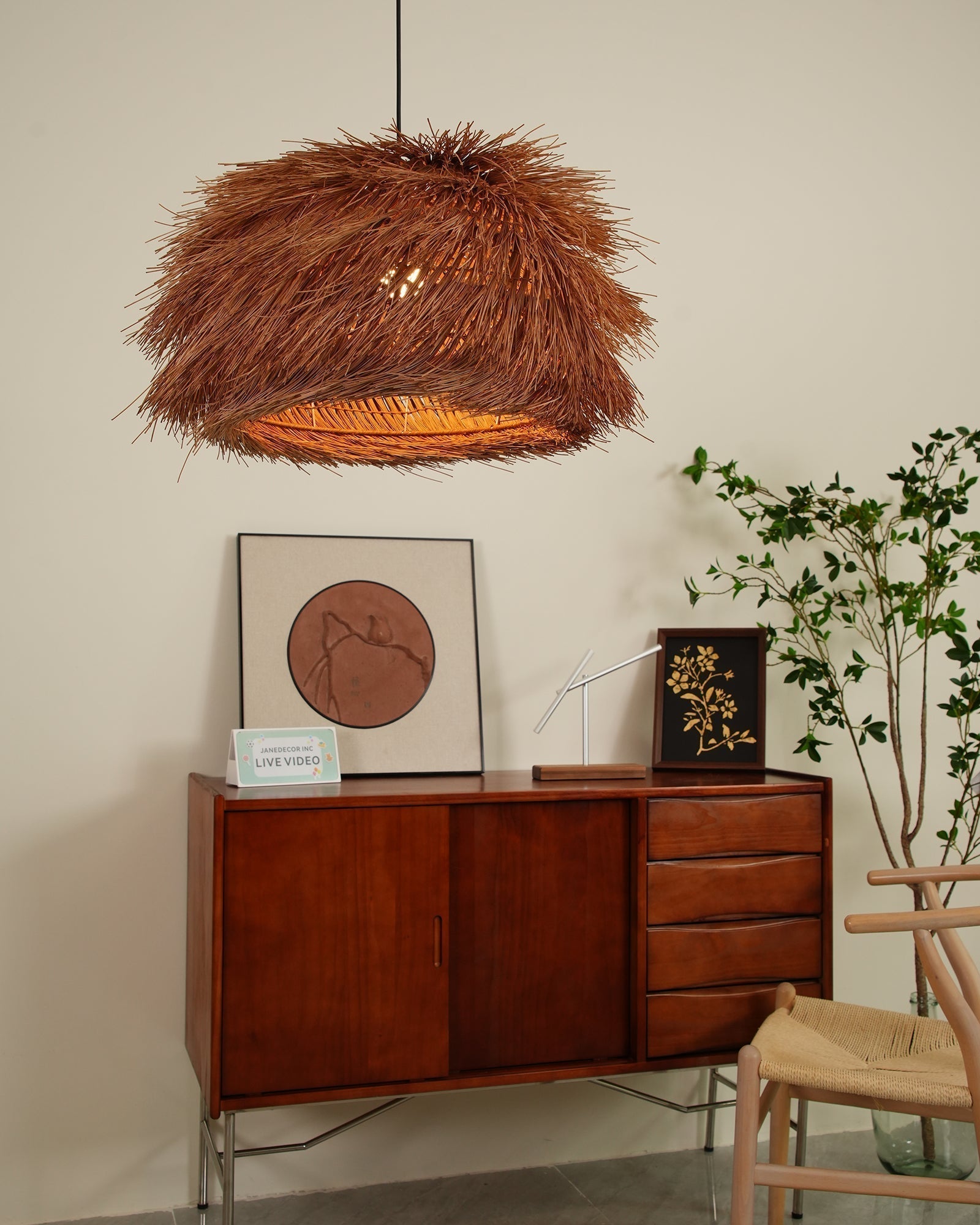 Handwoven Rattan Pendant Light Rustic Conical Wicker Hanging Lamp for Interior