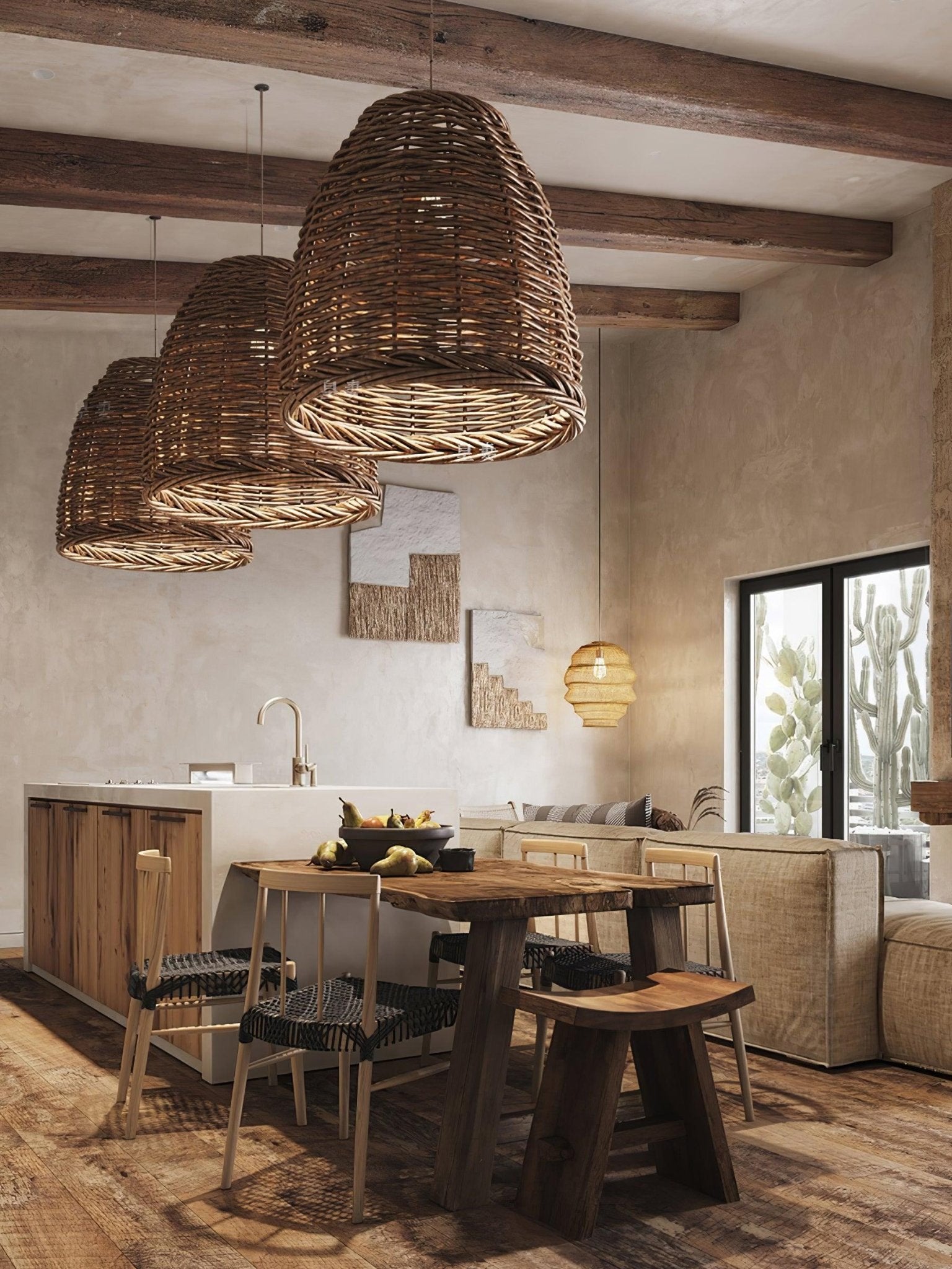 Handwoven Rattan Pendant Light Rustic Conical Wicker Hanging Lamp for Interior
