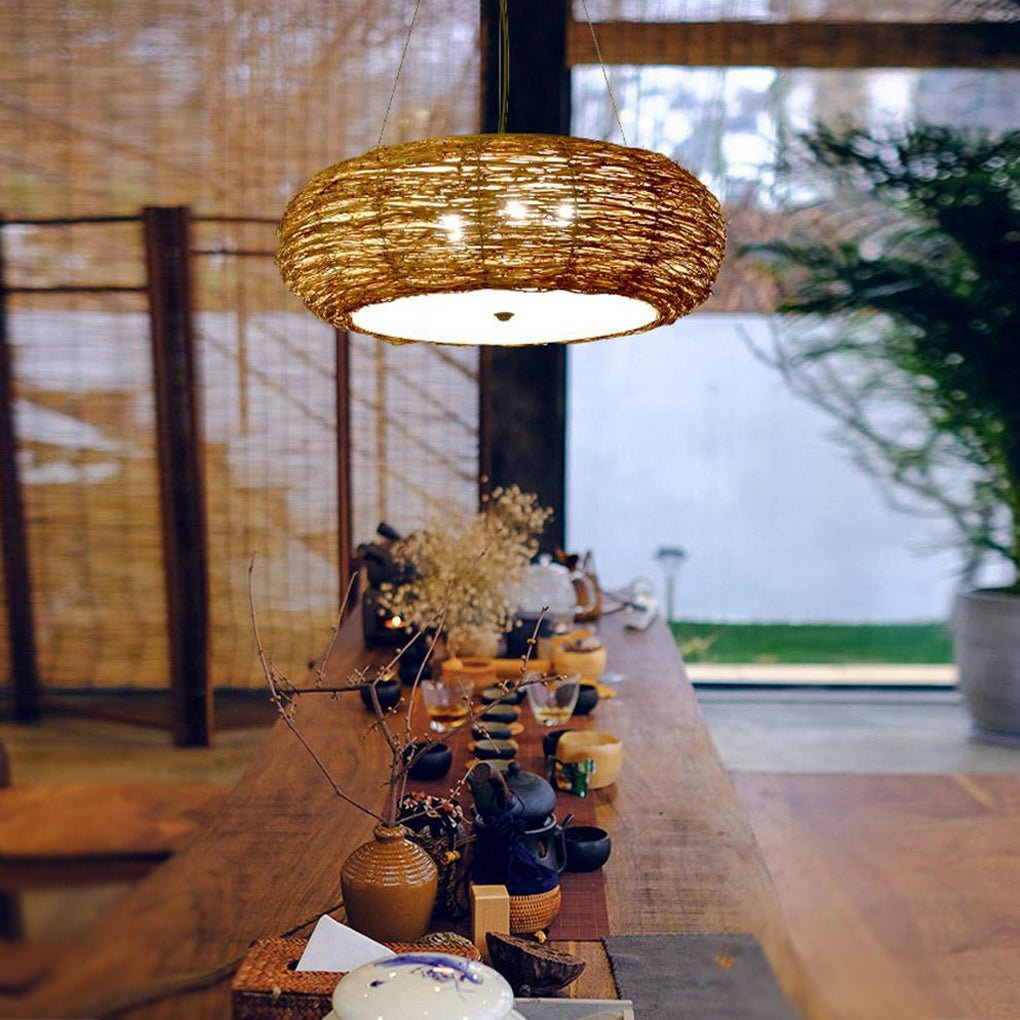 Handwoven Wicker Peach Shaped Pendant Light Burlywood Rattan Ceiling Lamp for Dining Room