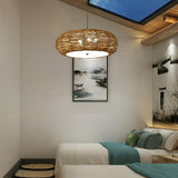 Handwoven Wicker Peach Shaped Pendant Light Burlywood Rattan Ceiling Lamp for Dining Room
