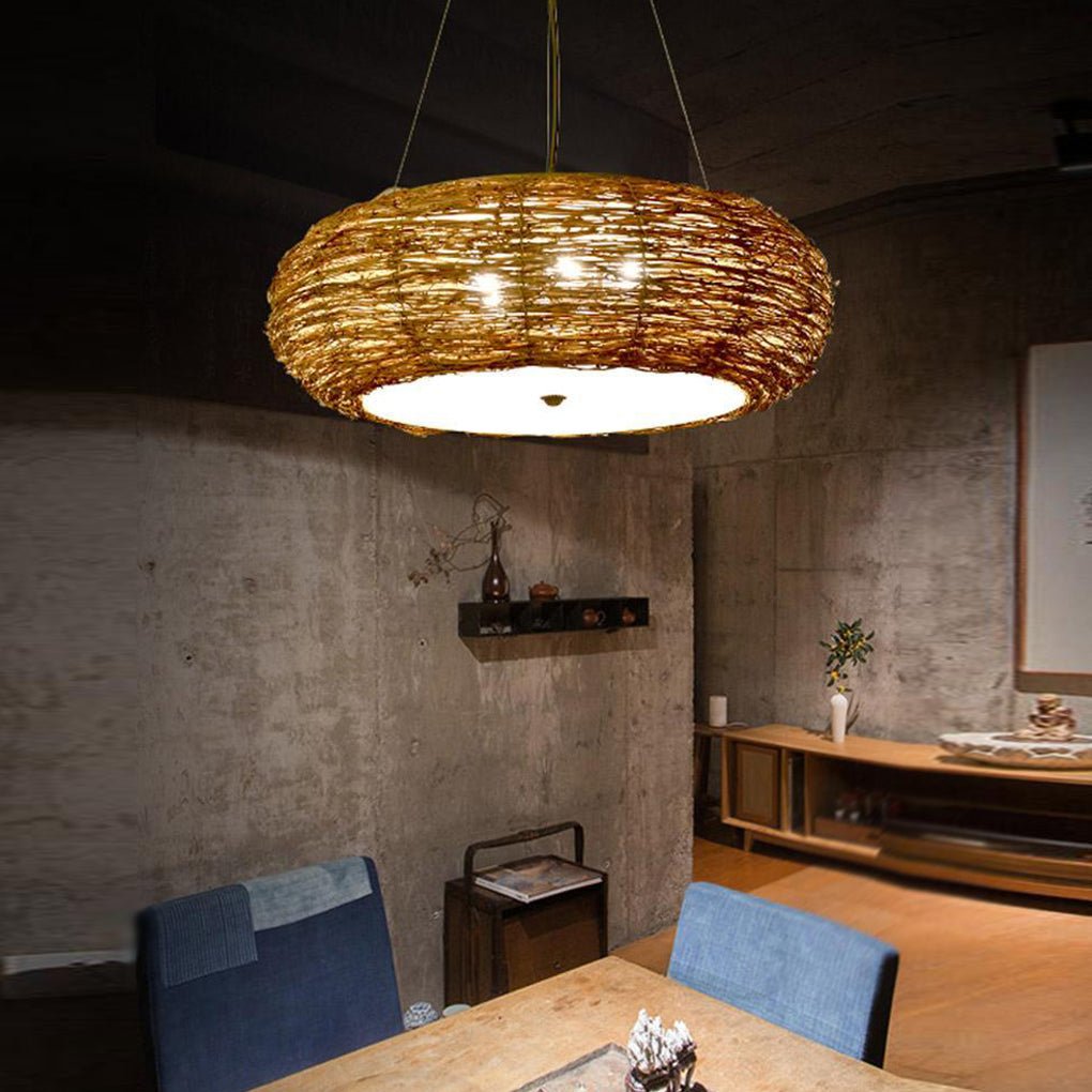 Handwoven Wicker Peach Shaped Pendant Light Burlywood Rattan Ceiling Lamp for Dining Room