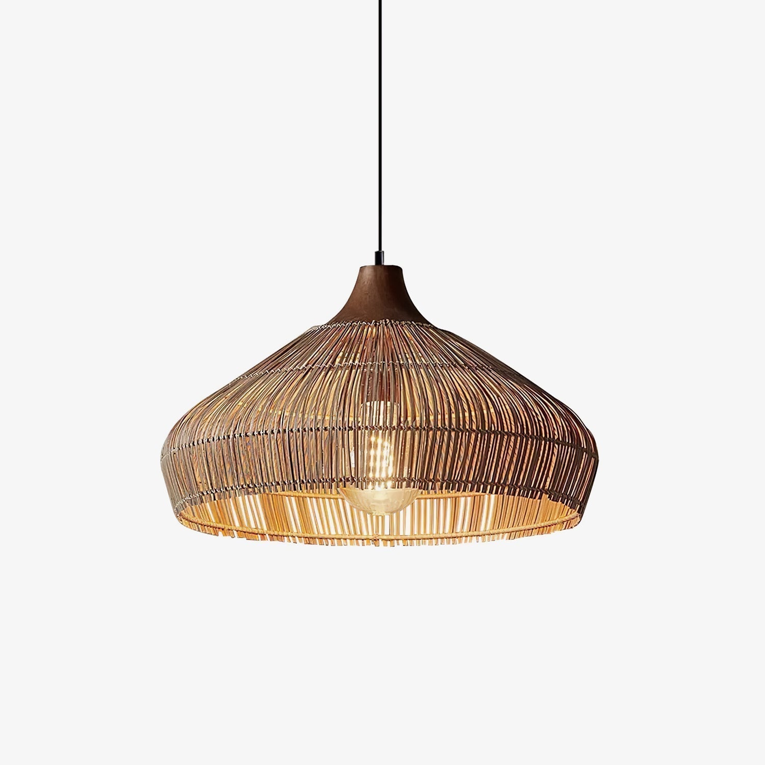 Handwoven Wicker Rattan Pendant Light with Wood and Metal Accents