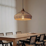 Handwoven Wicker Rattan Pendant Light with Wood and Metal Accents