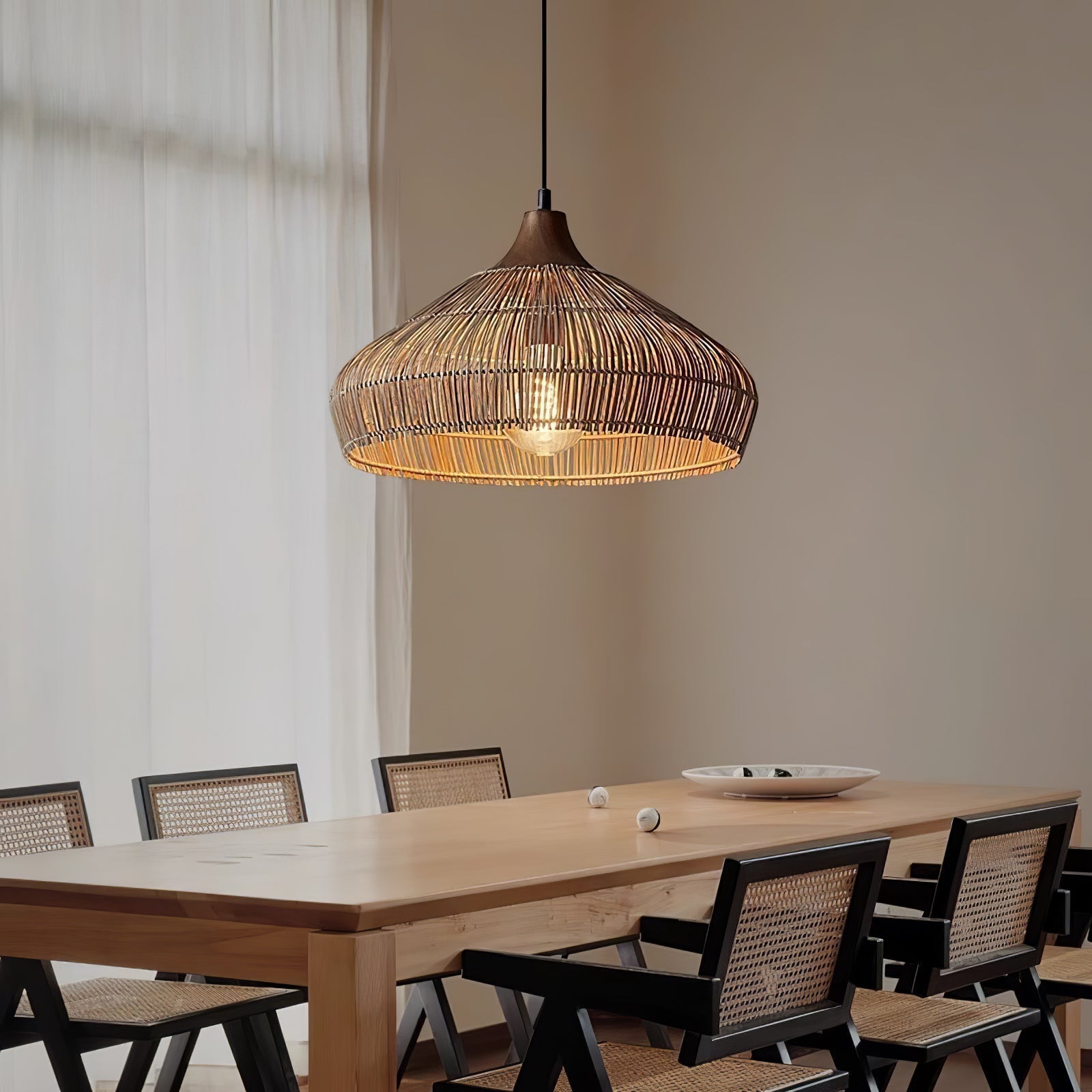 Handwoven Wicker Rattan Pendant Light with Wood and Metal Accents