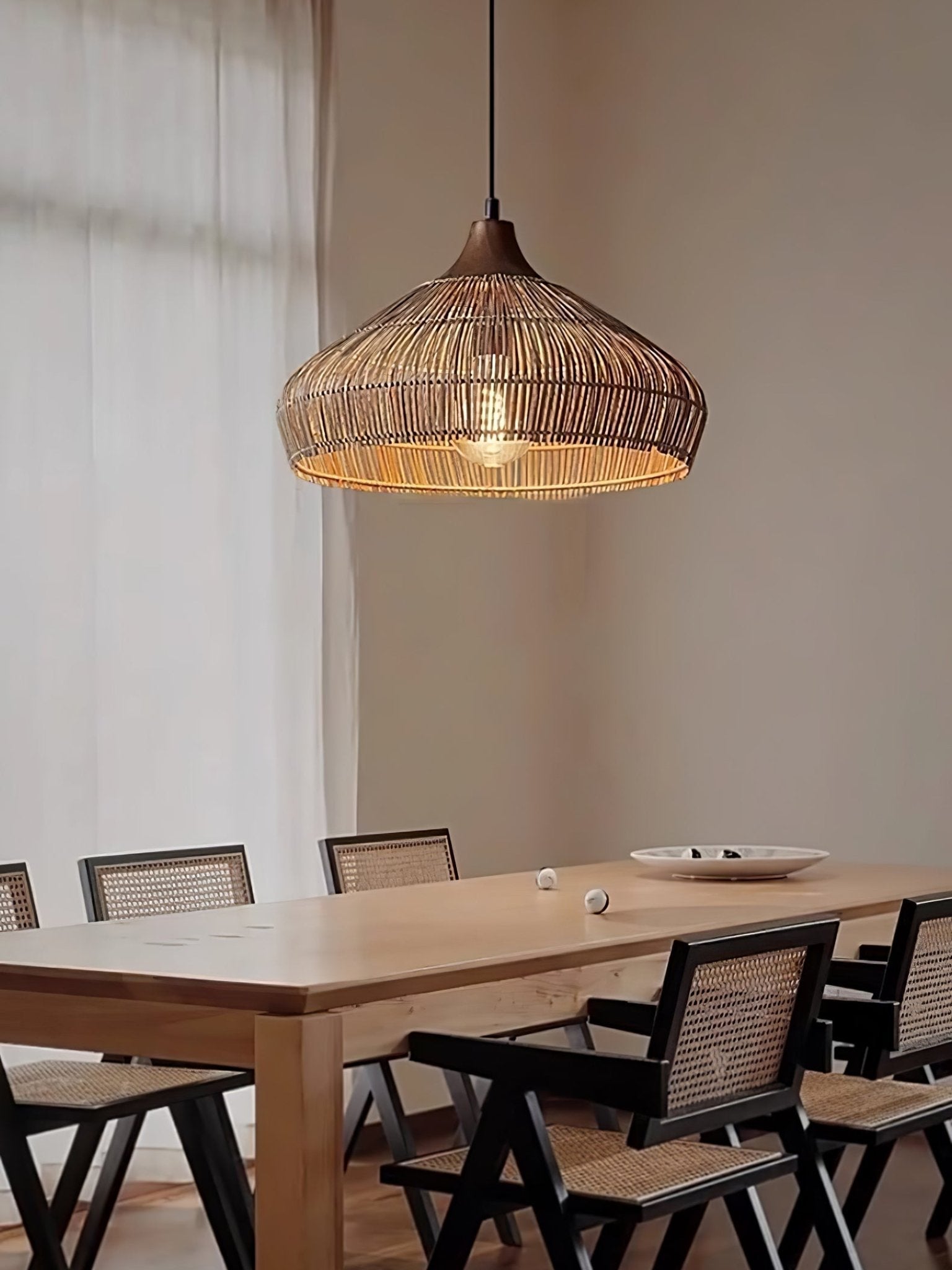 Handwoven Wicker Rattan Pendant Light with Wood and Metal Accents