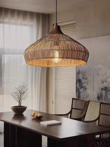 Handwoven Wicker Rattan Pendant Light with Wood and Metal Accents