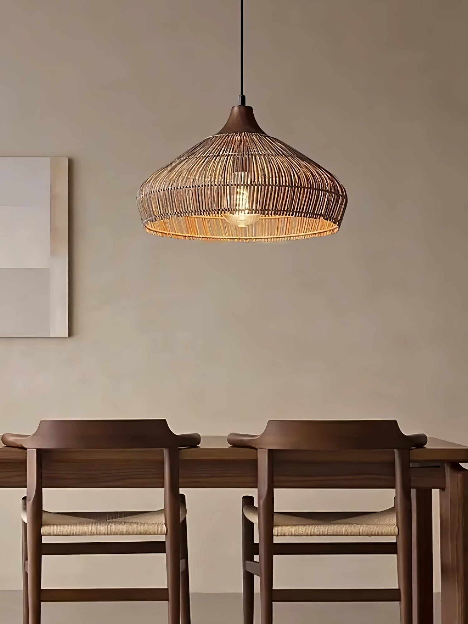 Handwoven Wicker Rattan Pendant Light with Wood and Metal Accents
