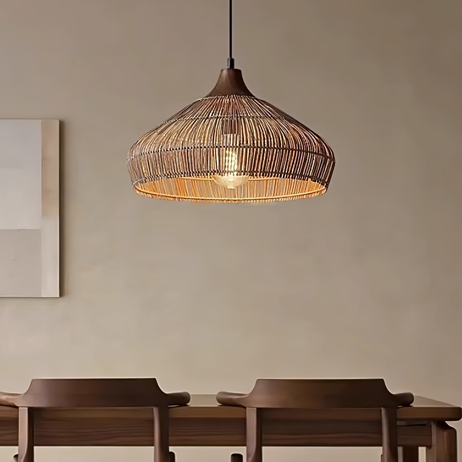 Handwoven Wicker Rattan Pendant Light with Wood and Metal Accents