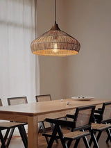Handwoven Wicker Rattan Pendant Light with Wood and Metal Accents