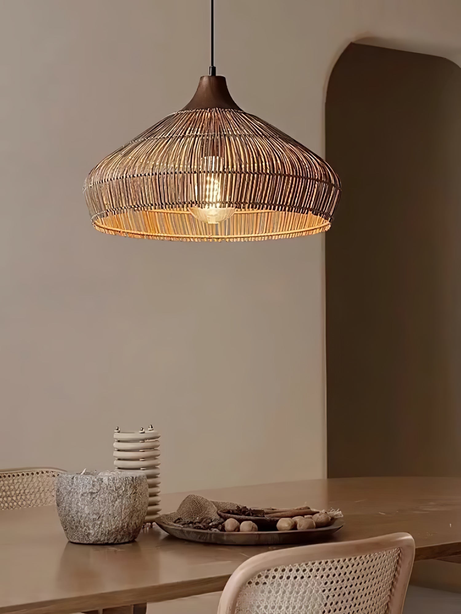 Handwoven Wicker Rattan Pendant Light with Wood and Metal Accents