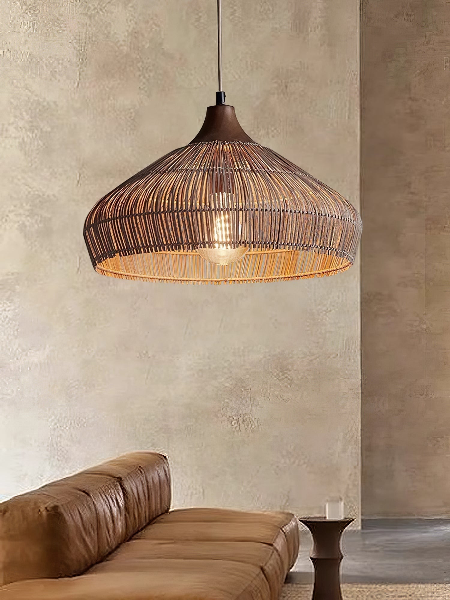 Handwoven Wicker Rattan Pendant Light with Wood and Metal Accents