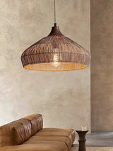 Handwoven Wicker Rattan Pendant Light with Wood and Metal Accents