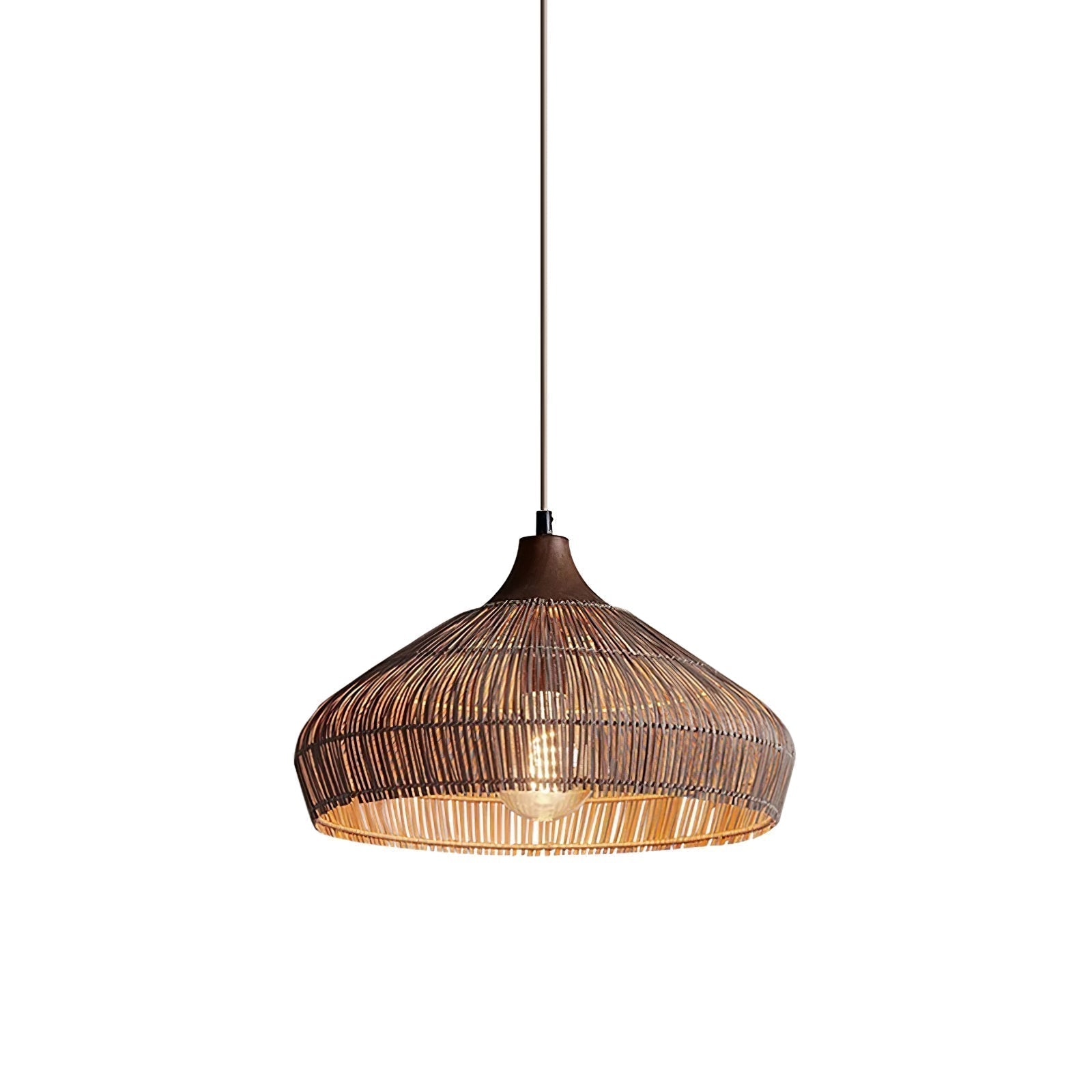 Handwoven Wicker Rattan Pendant Light with Wood and Metal Accents