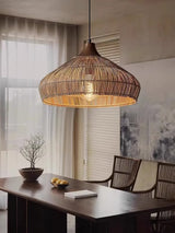 Handwoven Wicker Rattan Pendant Light with Wood and Metal Accents