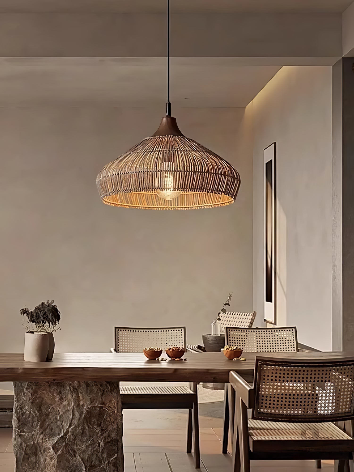 Handwoven Wicker Rattan Pendant Light with Wood and Metal Accents