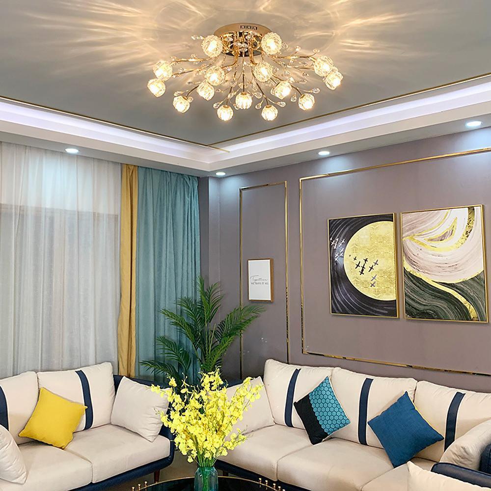 Modern Gold Glass Globe LED Flush Mount Ceiling Lamp Luxury Crystal Cluster Lighting Fixture