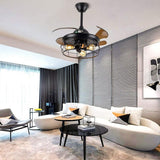 43 Inch Black Industrial Retractable Ceiling Fan with Lantern Light for Living Room