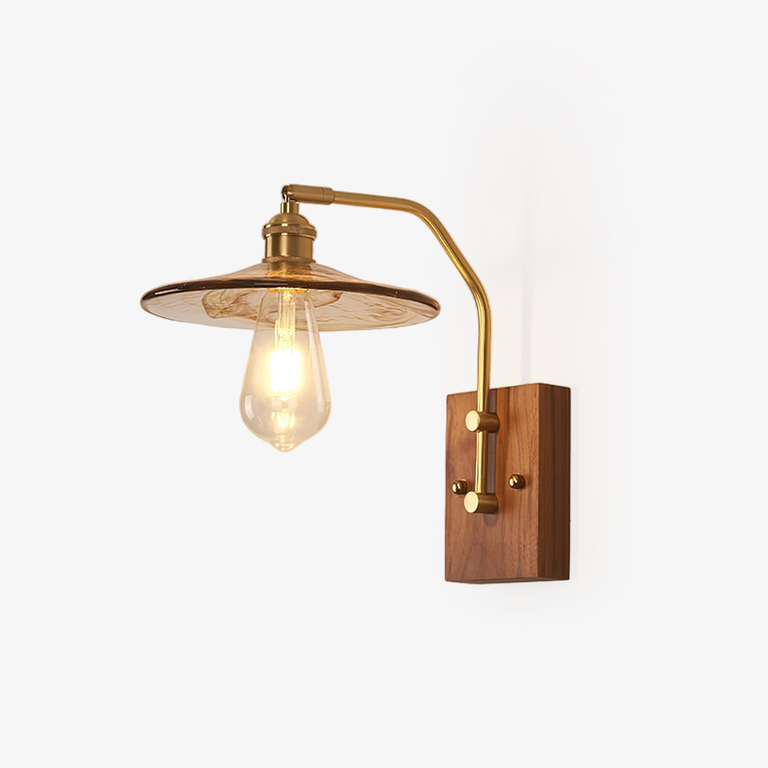 Heritage Walnut Wood Wall Sconce with Glass Shade and Brass Accents
