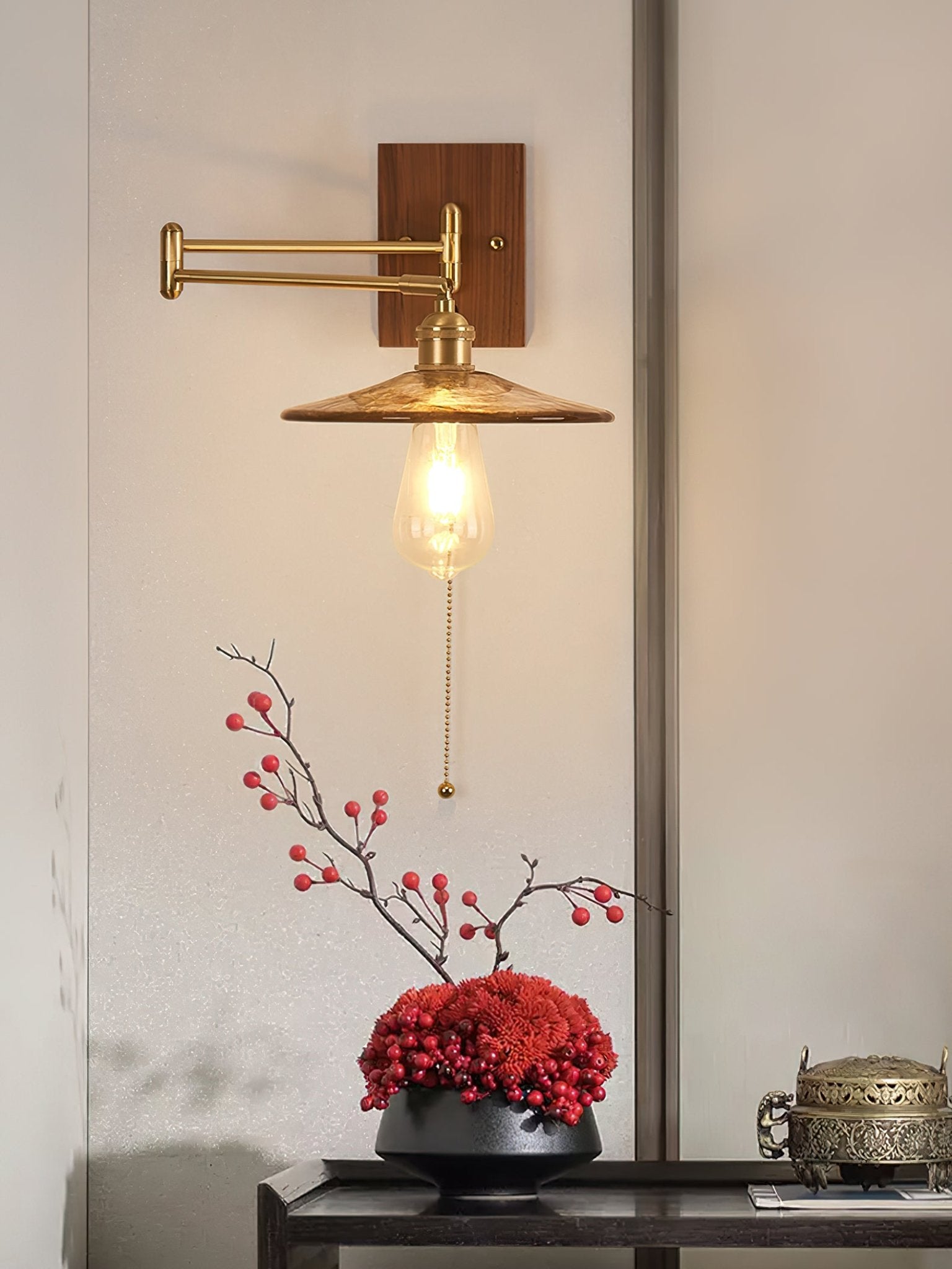 Heritage Walnut Wood Wall Sconce with Glass Shade and Brass Accents