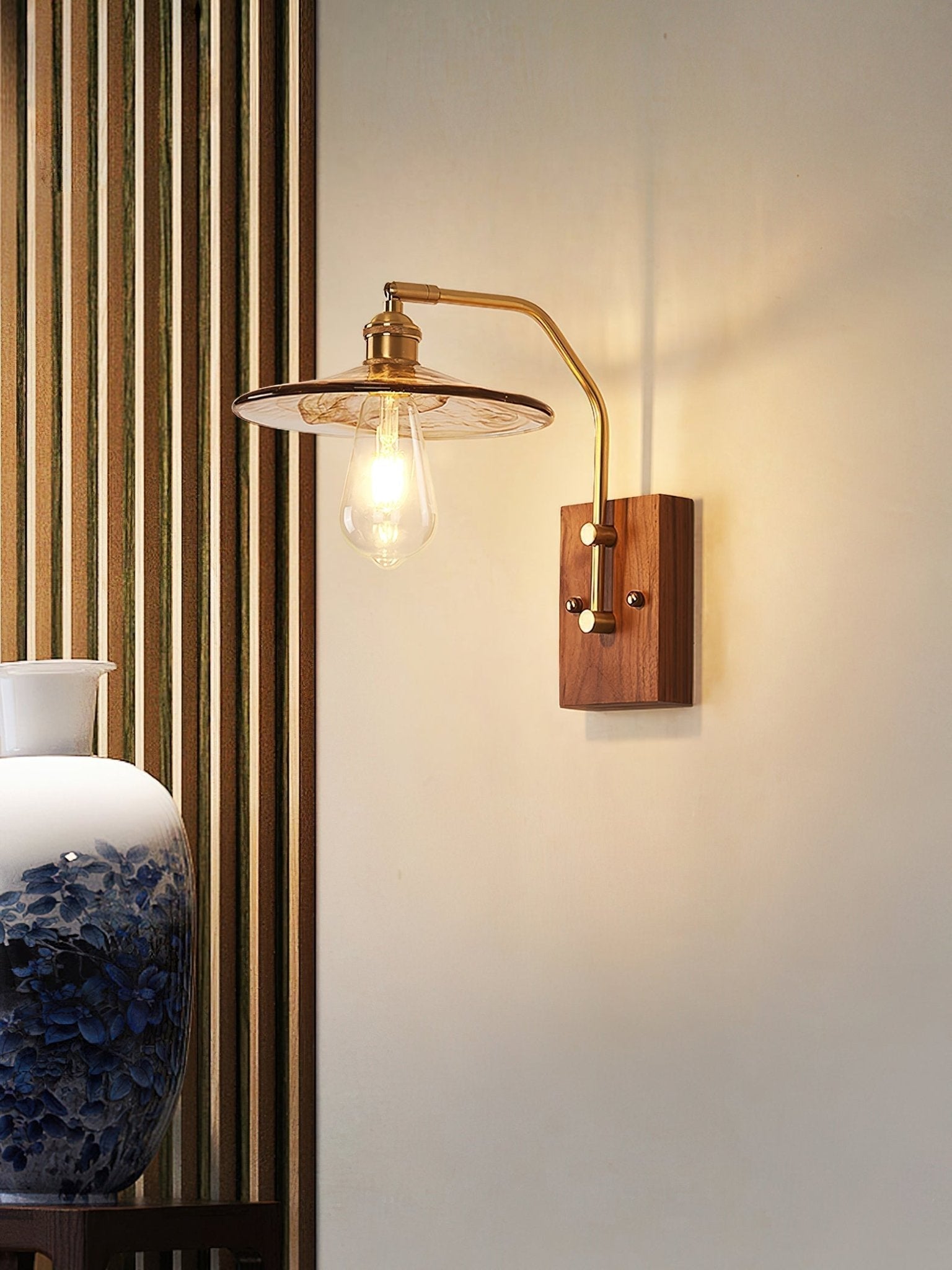 Heritage Walnut Wood Wall Sconce with Glass Shade and Brass Accents