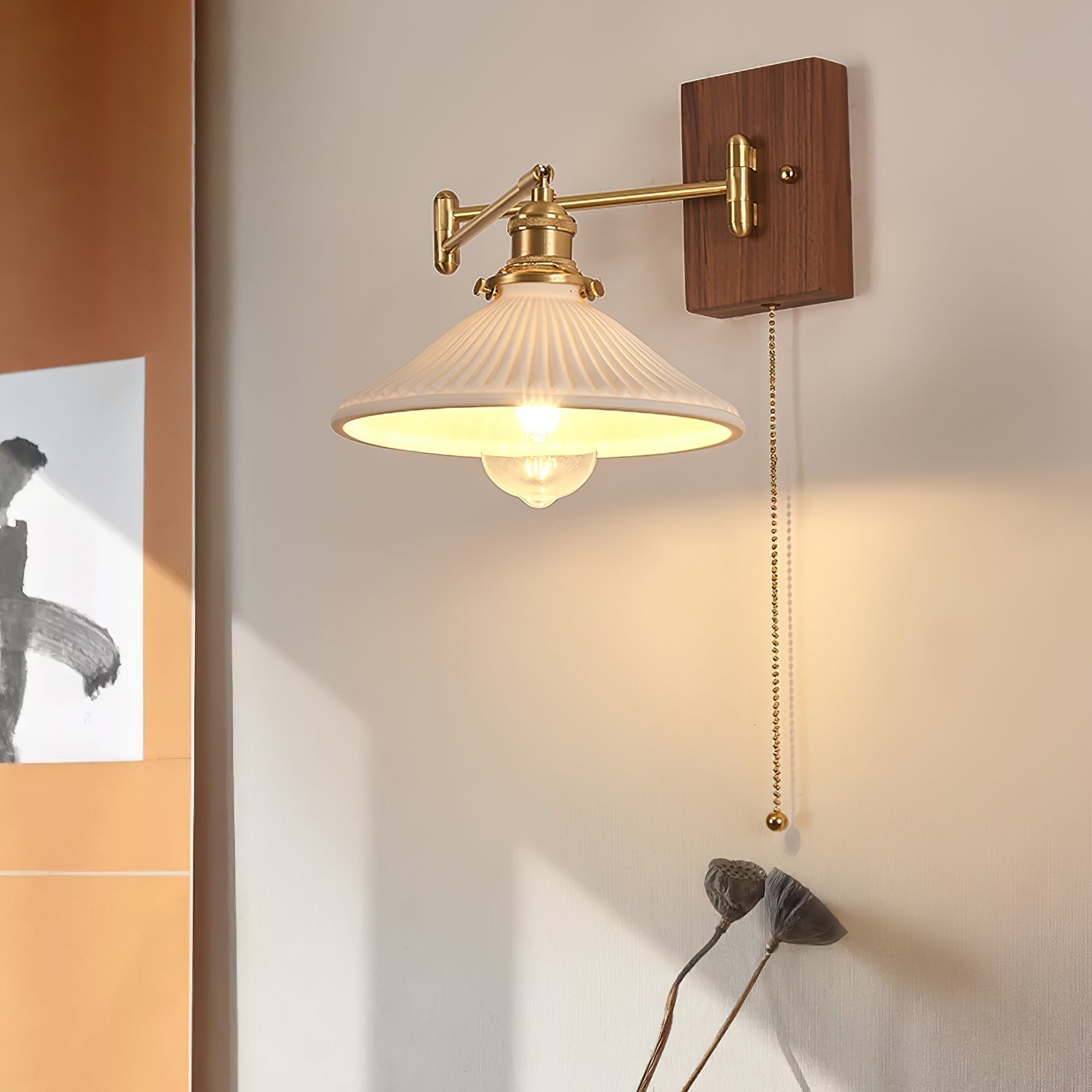 Heritage Walnut Wood Wall Sconce with Glass Shade and Brass Accents