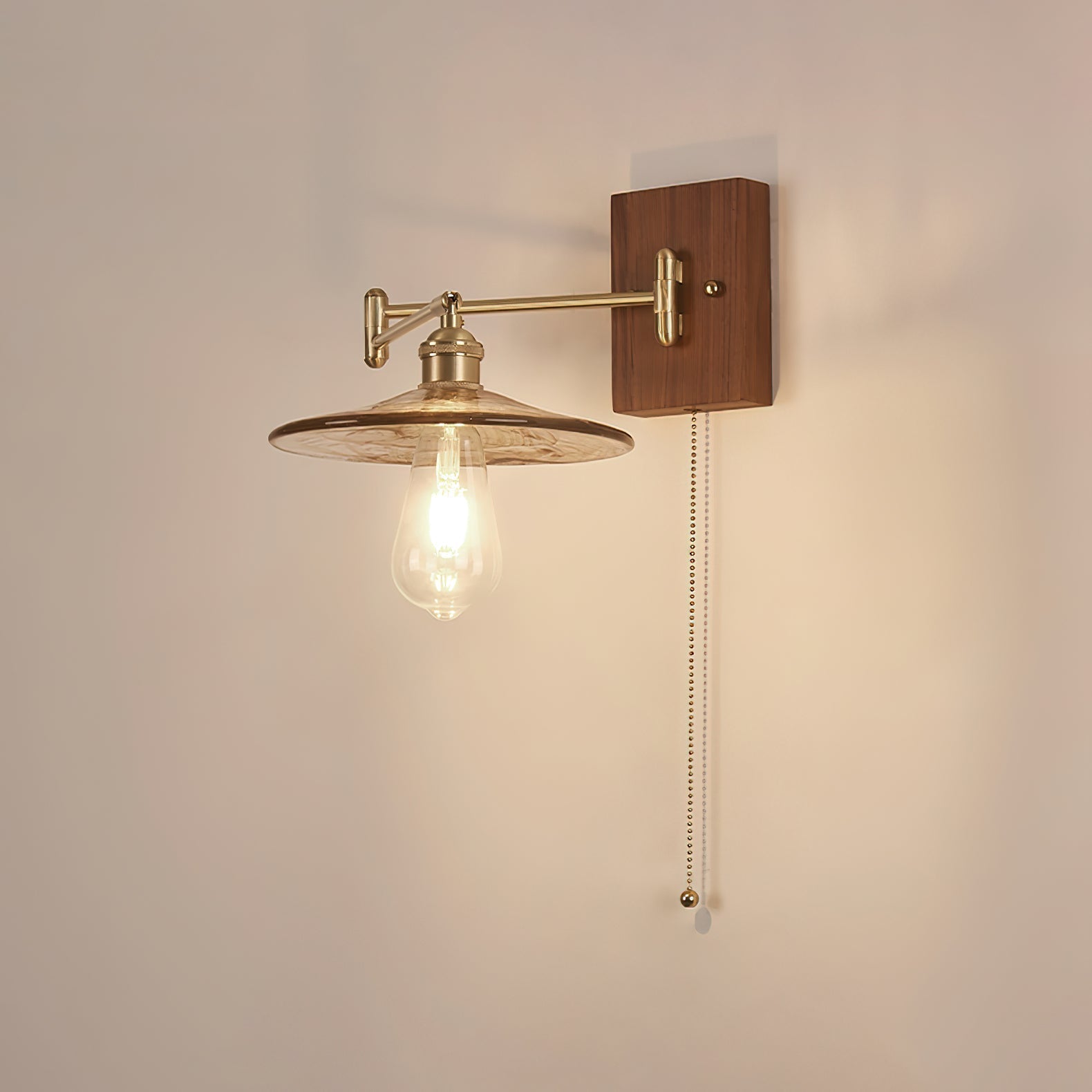 Heritage Walnut Wood Wall Sconce with Glass Shade and Brass Accents