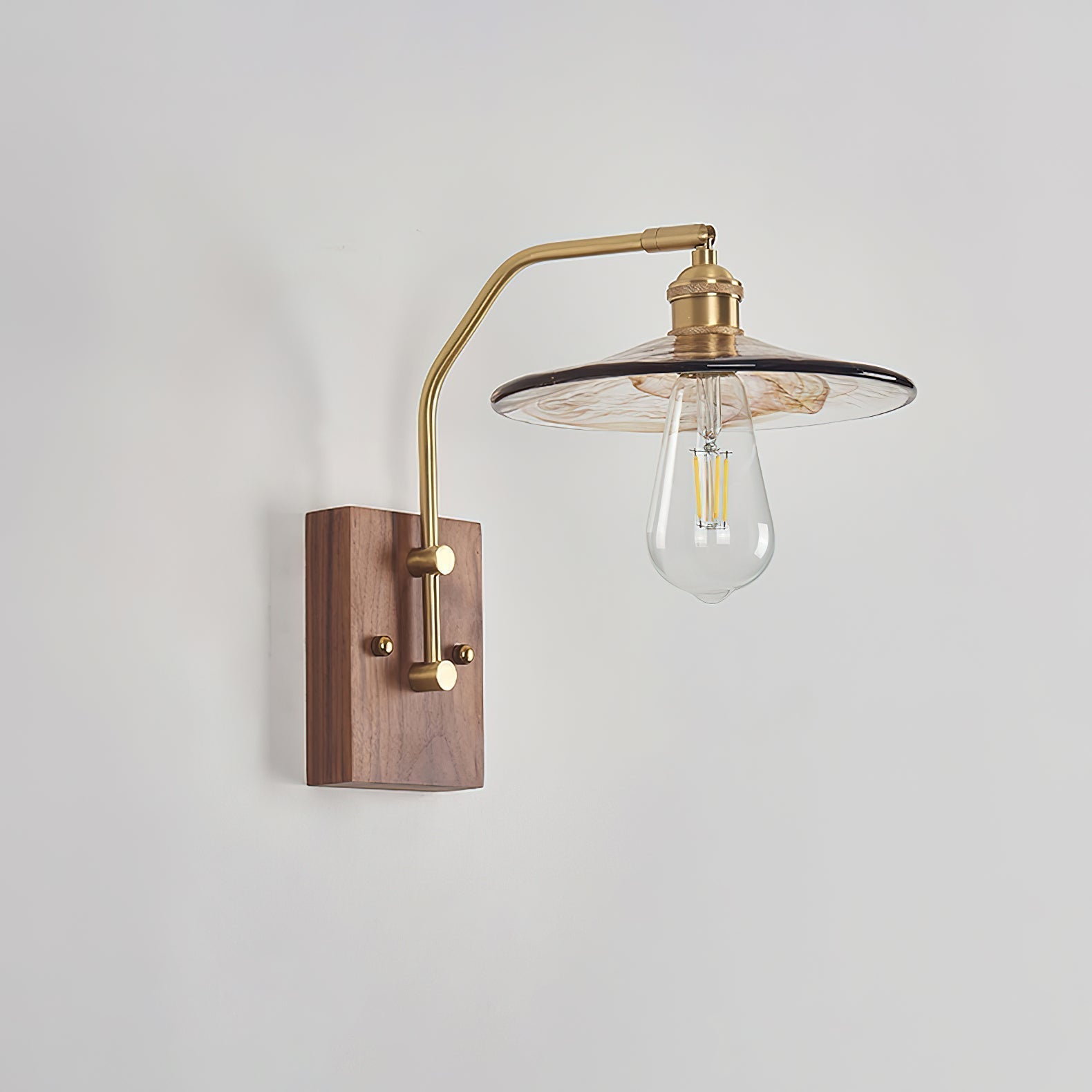 Heritage Walnut Wood Wall Sconce with Glass Shade and Brass Accents