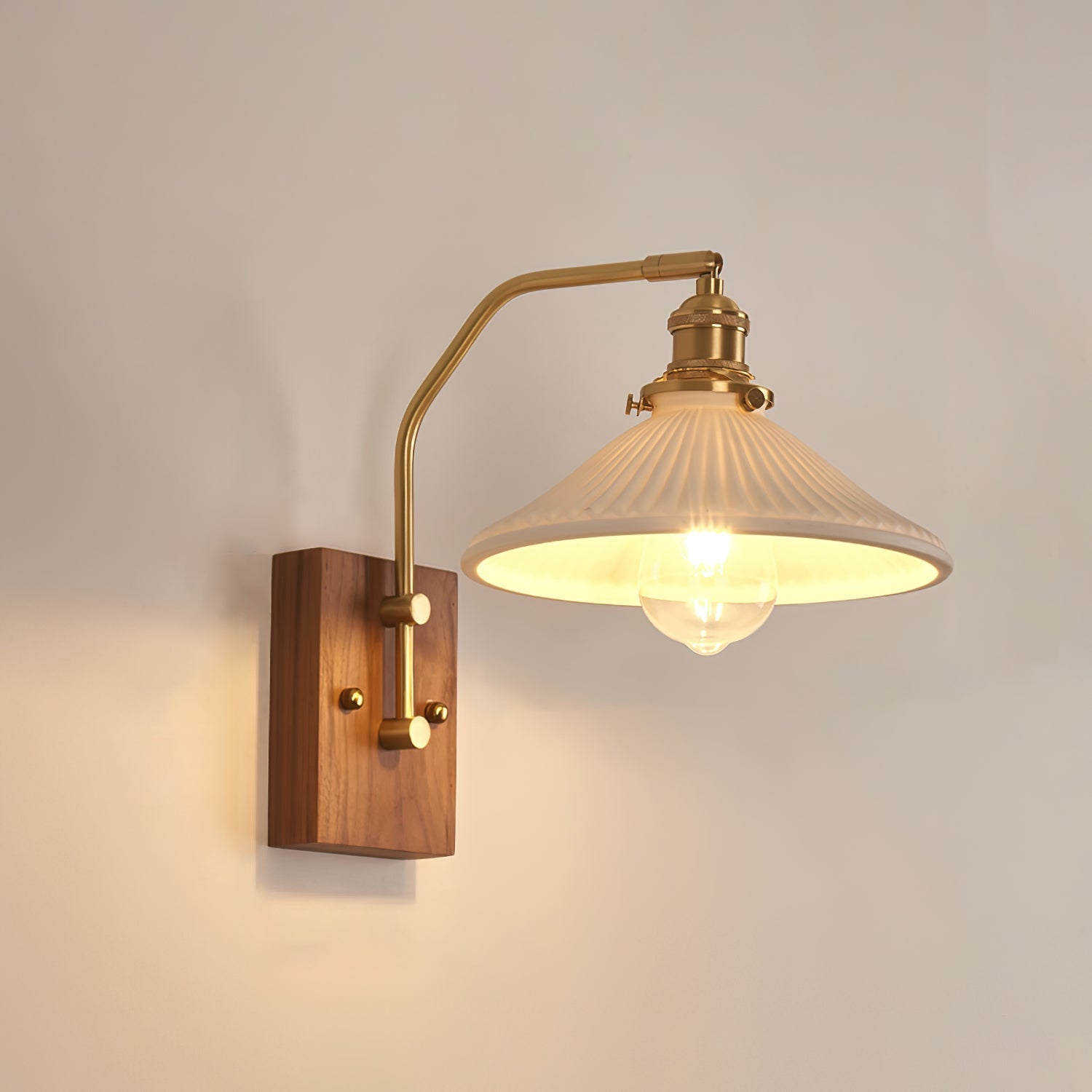 Heritage Walnut Wood Wall Sconce with Glass Shade and Brass Accents