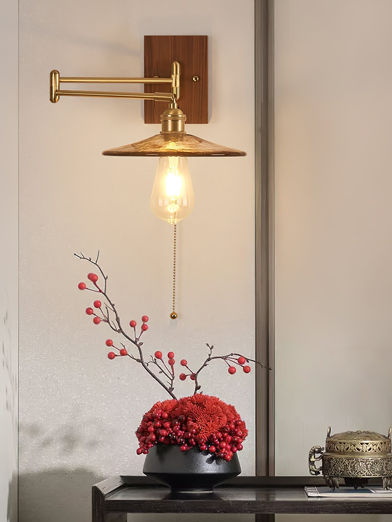 Heritage Walnut Wood Wall Sconce with Glass Shade and Brass Accents