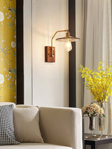 Heritage Walnut Wood Wall Sconce with Glass Shade and Brass Accents