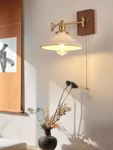 Heritage Walnut Wood Wall Sconce with Glass Shade and Brass Accents